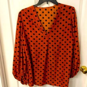 Boutique rust balloon sleeve black polka dot blouse - size M